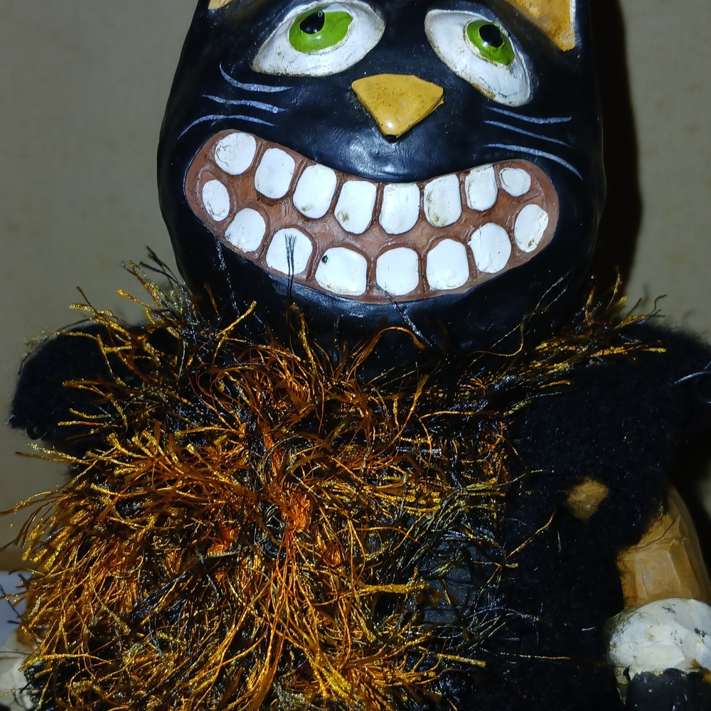 Halloween Whimsical Black and Orange Cat Figurine Folksy Paper Mache